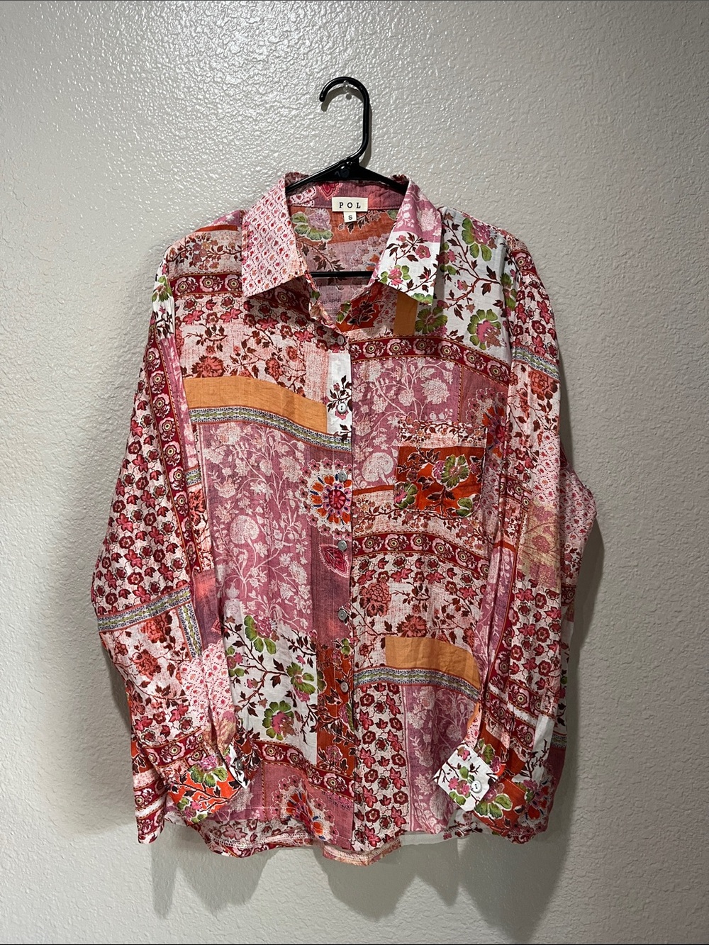 POL Pink Patchwork Floral Button-Down Shirt Sz S  Boho Cottage Core TC0509